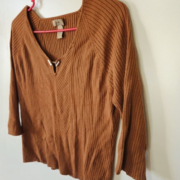 I.E. Brand Copper Ribbed Sweater Juniors Large Chain Eyelet V Neck 3/4 Sleeve - Picture 2 of 8